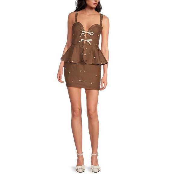 Fanm‎ Mon Helaina Floral Bow Front Sweetheart Neck Sheath Peplum Mini Dress - Picture 1 of 9